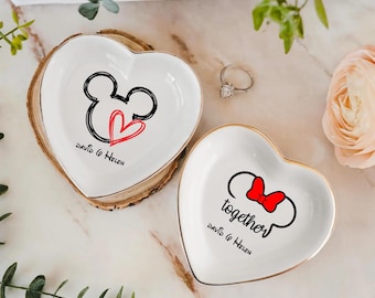 Personalized Disney Trinket Dish, Custom Engagement Gift for Couple, Ring Dish, Mickey Minnie Together Jewelry Tray, Wedding Gift
