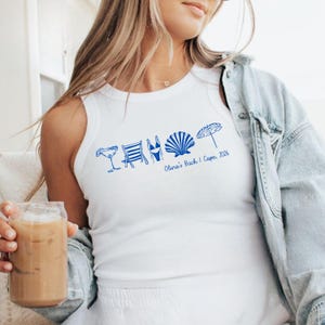 Custom Beach Bachelorette Shirt, Coastal Bride Trip Tee, Bikini Shell Cocktail Party Shirt, Women Micro Rib Racer Tank