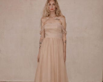 Peach Tulle Midi Dress, Ethereal Bridesmaid, Wedding Guest Gown
