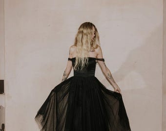 Black Tulle Midi Dress – Romantic Layered, Whimsical Castlecore Fashion