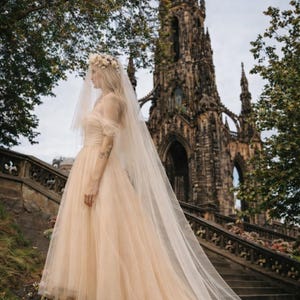 May include: A light peach-colored wedding dress with a tulle skirt and a long veil. The bride is wearing a floral crown and standing on a stone staircase in front of a large, ornate building. The dress has a high-low hemline.
