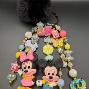 Cartoon Mouse Couple Bag Charm, Colorful Beaded Purse Keychain, Black Pom-Pom Charm, Cute Backpack Accessory, Gift for Her