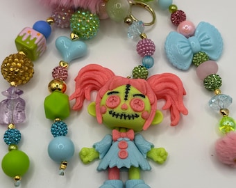 Creepy Cute Doll Keychain with Pink Pom Pom | Pastel Goth Beaded Bag Charm | Kawaii Horror Purse Charm | Spooky Cute Y2K Accessory