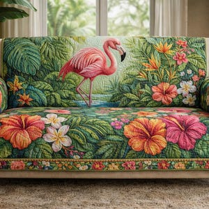 Könnte beinhalten: Ein Sofa mit einem farbenfrohen, tropisch gestalteten Bezug mit einem rosa Flamingo, üppigem grünen Laub und leuchtenden Hibiskusblüten. Der Bezug hat ein detailliertes, gestepptes Design mit einem dekorativen Rand.