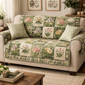 May include: A beige sofa with a floral patchwork quilt and two matching throw pillows. The quilt features squares with various flower designs in pink, yellow, and purple on a green background. The pillows have a small green floral pattern.
