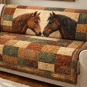 May include: A quilted sofa cover featuring two horse heads facing each other. The cover has a patchwork design in shades of brown, green, and tan. The horses are depicted with detailed manes and faces, adding a rustic touch to the home decor.