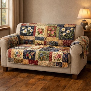 Könnte beinhalten: Ein floraler Patchwork-Sofabezug mit Gänseblümchen- und Rosenmustern in Blau-, Rot- und Gelbtönen. Der Bezug liegt auf einem beigen Sofa, mit passenden Armauflagen. Das Sofa steht in einem Raum mit Holzboden.