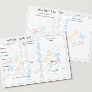 May include: White paper meal planning sheets with German text. The sheets include sections for daily meals, shopping lists, and notes. The sheets have a colorful logo in the corner. The text includes "Wochenplan Essen" and "Was kochen wir?"