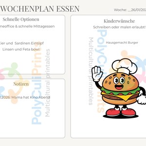 Może przedstawiać: Niemiecki tygodniowy plan posiłk&oacute;w zatytułowany "WOCHENPLAN ESSEN". Zawiera sekcje dla szybkich opcji, notatek i życzeń dzieci. Przedstawiona jest postać z kresk&oacute;wki hamburgera z czapką kucharską. Tekst zawiera "Eier und Sardinen Eintopf" i "Hausgemacht Burger".