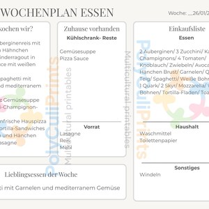 Może przedstawiać: Niemiecki tygodniowy plan posiłk&oacute;w z listą dań na każdy dzień, w tym składniki i listę zakup&oacute;w. Plan obejmuje dania takie jak spaghetti z krewetkami i lasagne. Data to 26.01.2026.