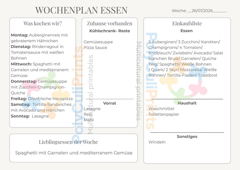 Może przedstawiać: Niemiecki tygodniowy plan posiłk&oacute;w z listą dań na każdy dzień, w tym składniki i listę zakup&oacute;w. Plan obejmuje dania takie jak spaghetti z krewetkami i lasagne. Data to 26.01.2026.