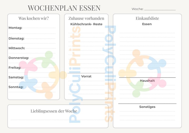 Może przedstawiać: Jasny beżowy tygodniowy plan posiłk&oacute;w z niemieckim tekstem. Plan zawiera sekcje na codzienne posiłki, inwentaryzację lod&oacute;wki, listę zakup&oacute;w i ulubione posiłki. Projekt zawiera kolorowe logo i liniowane miejsca do pisania.