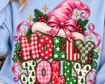 Holly Jolly PNG, Patterned Gingham Polka Dot Christmas Letters, Pink Santa Hat Bow Sublimation Design, Digital Download