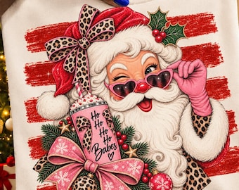Glam Santa PNG, Leopard Print Santa Sublimation Design, Pink Christmas Santa Clipart, Ho Ho Ho Babes PNG, Bling Santa Claus PNG