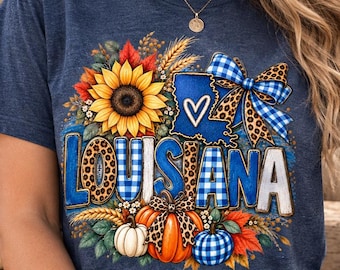 Personalized State Sunflower Png, Custom Name Western Fall Design, Leopard Plaid Pumpkin Png, Buffalo Plaid Bow Png, Sublimation Download
