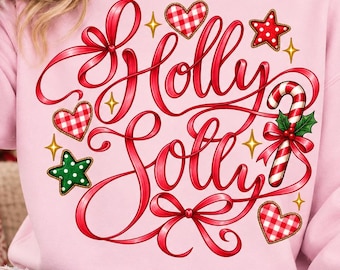 Holly Jolly PNG, Elegant Ribbon Script Christmas Lettering, Candy Cane Gingham Heart Sublimation Design, Digital Download