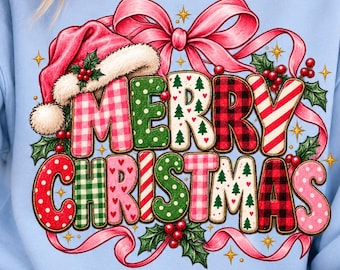 Merry Christmas PNG, Patterned Gingham Buffalo Plaid Lettering Clipart, Santa Hat Bow Sublimation Design, Digital Download