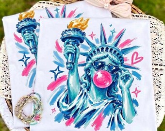 自由の女神のPNG昇華プリント、7月4日のクリップアートクラフト用品、愛国的なプレッピーDTFデザイン、独立記念日のガーリーなUSAクリップアート