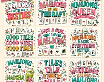 Mahjong PNG Bundle, Retro Groovy Mahjong Quotes Clipart, Mahjong Queen Tile Sublimation Design, Digital Download