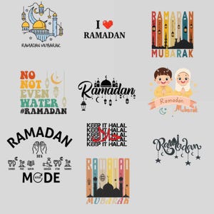 May include: A collection of Ramadan-themed graphics. Designs include mosque silhouettes, crescent moons, and text such as "Ramadan Mubarak," "I ❤️ Ramadan," and "Keep it Halal." The color palette features blues, oranges, and greens.