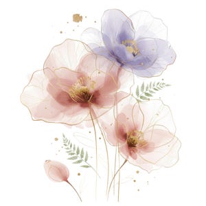 May include: Watercolor illustration of delicate flowers in shades of pink, purple, and gold. The floral arrangement features translucent petals with gold outlines, green fern accents, and gold flecks on a white background.