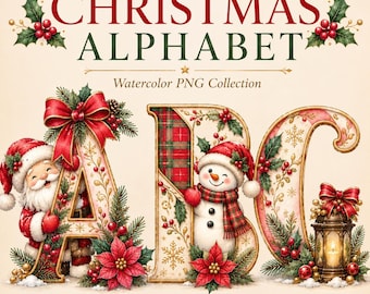 Christmas Alphabetical Letters, Christmas Letter PNG, Santa Alphabet, Christmas Name PNG, Watercolor A-Z, Holiday Alphabet