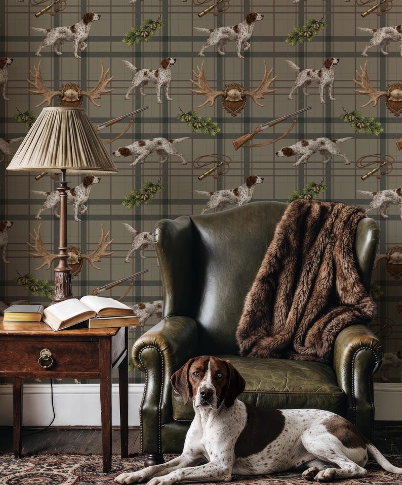 Hunting Dog Plaid Wallpaper, Rustic Lodge Wall, Vintage English Setter ...