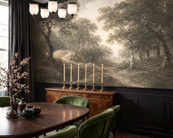 Forest Wall Mural, Dark Academia Tree Wallpaper, Muted Green & Terracotta Landscape Wall Décor, Antique Nature Peel and Stick Mural