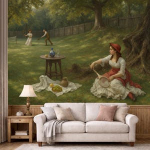 May include: A vintage-style painting depicts a tennis scene with figures in period clothing. A woman in a red hat and dress sits with a tennis racket. A table with fruit and a lamp are in the foreground. The background shows a tennis match.