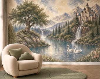 Watercolor Castle Wallpaper Mural, Fairytale Landscape Wall Décor, Vintage Swan and Waterfall Wall Mural, Storybook Nursery Peel and Stick