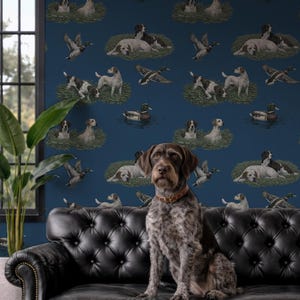 Hunting Dog Mallard Duck Wallpaper, Vintage English Country Style Wall Mural, Pointer & Lab Sport Dog Pattern, Dark Teal Nature Wall