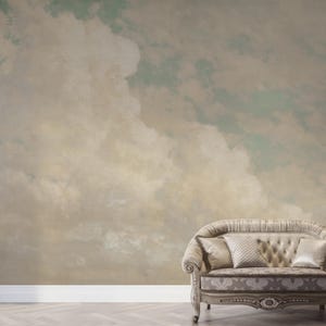 Cloudscape Wallpaper Mural | Vintage Sky Fresco Wall Mural | Soft Beige and Mint Green Clouds | Custom Size Peel and Stick or Non-Woven