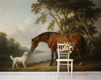 Classic Art Horse and Dog Mural, Vintage English Painting