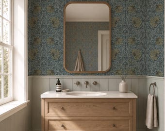 William Morris Style Wallpaper, Vintage Floral Wall Mural, Arts and Crafts Botanical Wall Décor, Moody Green and Gold Removable Wallpaper