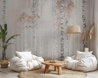 Birch Tree Forest Wall Mural, Peel and Stick Nature Wallpaper, Neutral Tree Decor, Woodland Nursery, Removable Wall Mural