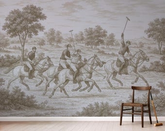 Polo Match Wall Mural, Equestrian Sketch Wallpaper, Antique Horse Sport Wall Art, Peel and Stick Removable Mural, Traditional Decor
