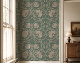 William Morris Wallpaper, Vintage Floral Wall Mural, Teal and Muted Gold Peel and Stick, Art Nouveau Botanical Accent Wall, Art Decor