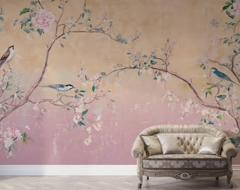 Bird and Blossom Wall Mural, Pink Peony Wallpaper, Peel and Stick Removable Wall Decor, Romantic Botanical Mural, Boho Wallpaper Mural