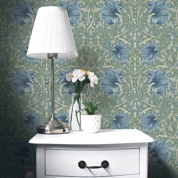 Art Nouveau Floral Wallpaper, William Morris Inspired Blue & Green Botanical Wall Mural, Vintage Peel and Stick or Traditional Wallpaper