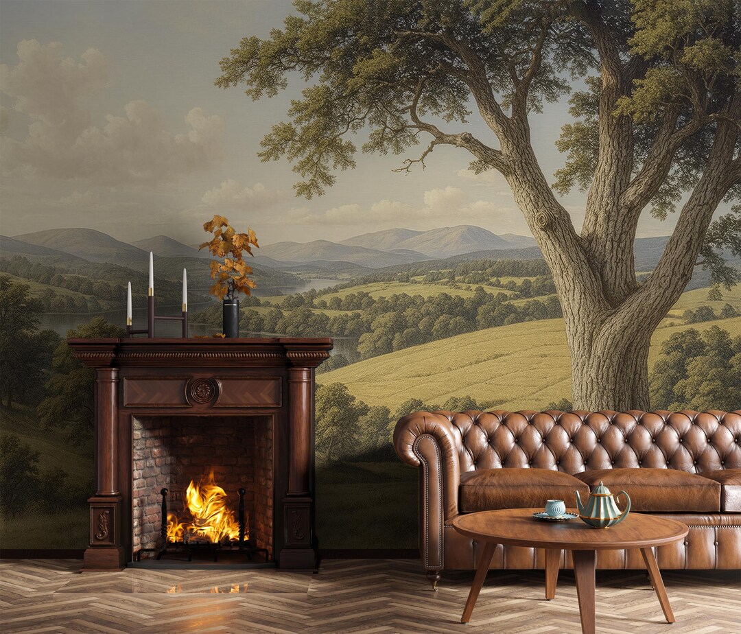 Grand Oak Tree Landscape Mural | Vintage Scenic Wallpaper | Romantic ...