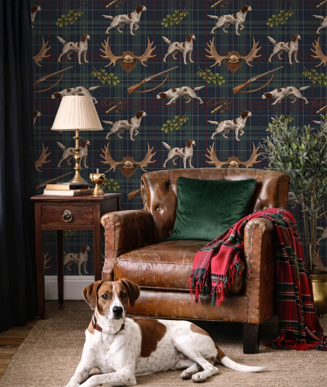 Dog Hunting Plaid Wallpaper, Navy & Green Lodge Décor, Vintage English ...