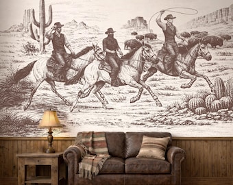 Cowboy Wall Mural, Wild West Sketch Wallpaper, Retro Horse & Rider Scene, Western Décor Mural, Sepia Desert Landscape Peel and Stick