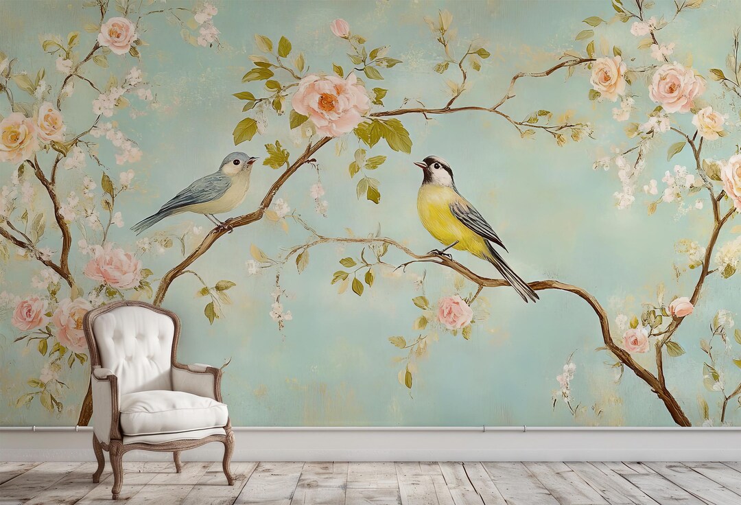 Birds and Flowers Wall Mural, Vintage Pink Roses Wallpaper, Teal Shabby ...