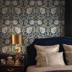 William Morris Inspired Wallpaper, Vintage Floral Wallpaper Blue and Green, Peel and Stick Nouveau Wall Decor, Botanical Removable Wallpaper
