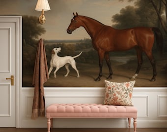 Equestrian Wall Mural, Antique Horse and Hunting Dog Oil Painting Wallpaper, English Countryside Landscape, Peel and Stick Mural