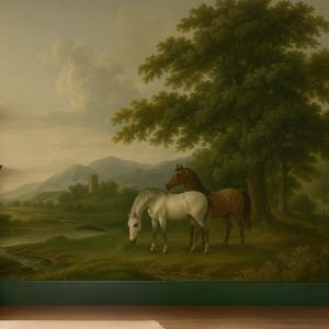Grand Scenic Landscape Mural | Vintage European Valley Wallpaper | Peel and Stick Horses and Oak Tree Wall Art | Classic Romantic Removable