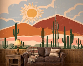 Boho Desert Wall Mural, Retro Saguaro Cactus Wallpaper, Southwestern Mountain Landscape Wall Terracotta Nursery, Peel and Stick Custom Size