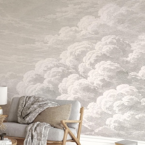 Cloud Wall Mural, Neutral Sketch Etching Wallpaper, Grey Clouds Sky Wall Art, Peel and Stick or Non-Woven Removable Wallpaper