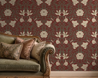 William Morris Wallpaper, Red Vintage Floral Wall Mural, Art Nouveau Botanical Wallpaper, Terracotta Peel and Stick, Victorian Wall Décor