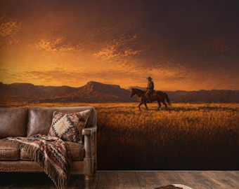 Cowboy Wall Mural, Golden Hour Prairie Landscape Wallpaper, Western Horseman Wall, Rustic Farmhouse Mural, Peel and Stick Removable Décor